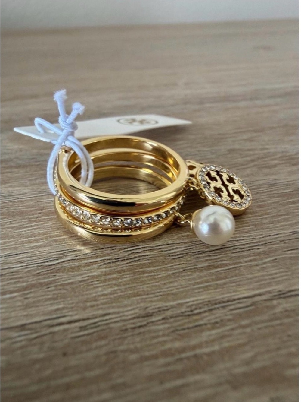 Tory Burch Icon Pavé Charm Stacking Ring Gold Faux Pearl Size 8 New
